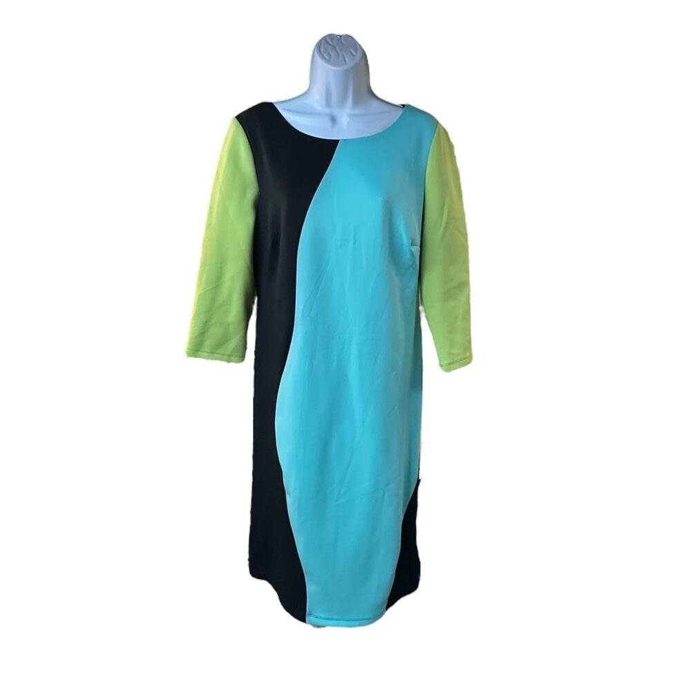 Midnight Velvet Colorblock Sheath Dress Aqua Green Black Mod Stretch Sz 12 NWT